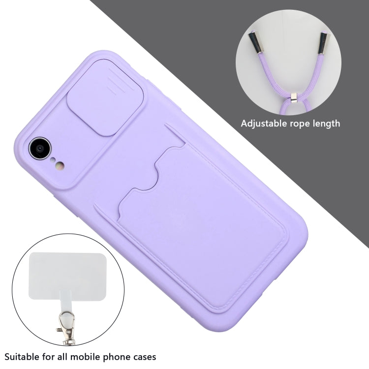 For iPhone XR Sliding Camera Cover Design TPU Protective Case with Card Slot & Neck Lanyard