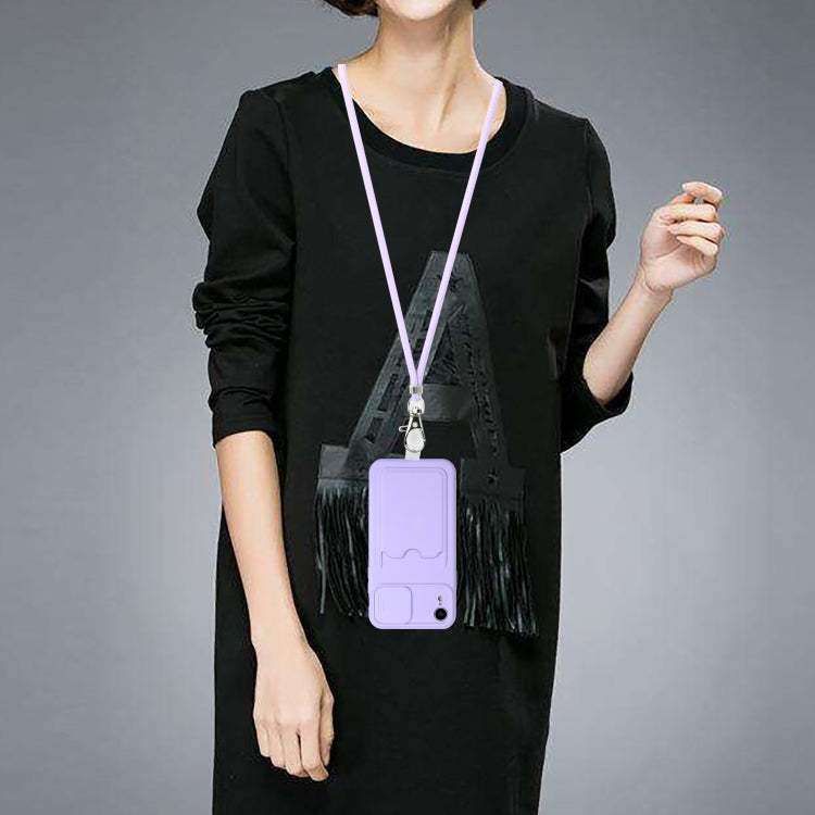 For iPhone XR Sliding Camera Cover Design TPU Protective Case with Card Slot & Neck Lanyard