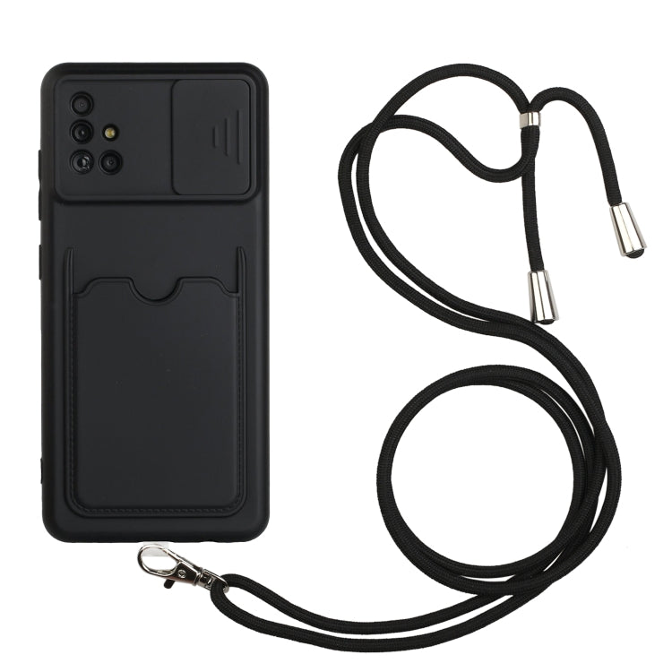 For Samsung Galaxy A51 Sliding Camera Cover Design TPU Protective Case with Card Slot & Neck Lanyard