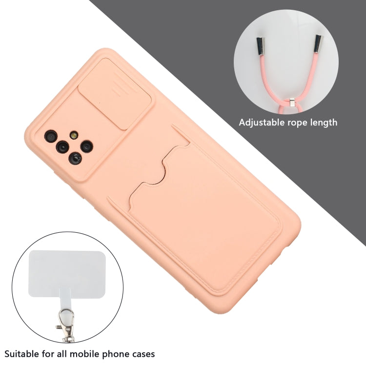 For Samsung Galaxy A51 Sliding Camera Cover Design TPU Protective Case with Card Slot & Neck Lanyard