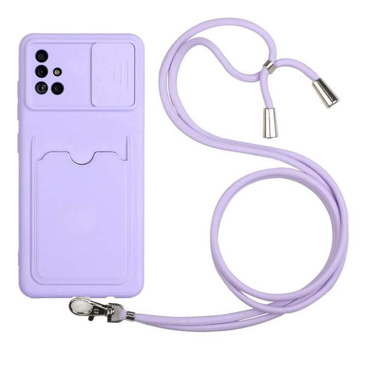 For Samsung Galaxy A51 Sliding Camera Cover Design TPU Protective Case with Card Slot & Neck Lanyard