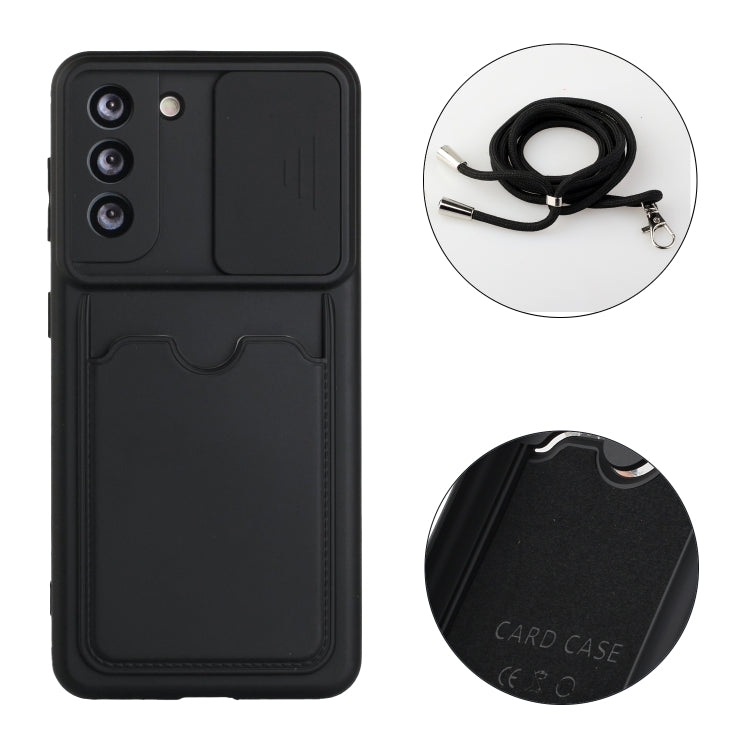 For Samsung Galaxy S21 5G Sliding Camera Cover Design TPU Protective Case with Card Slot & Neck Lanyard