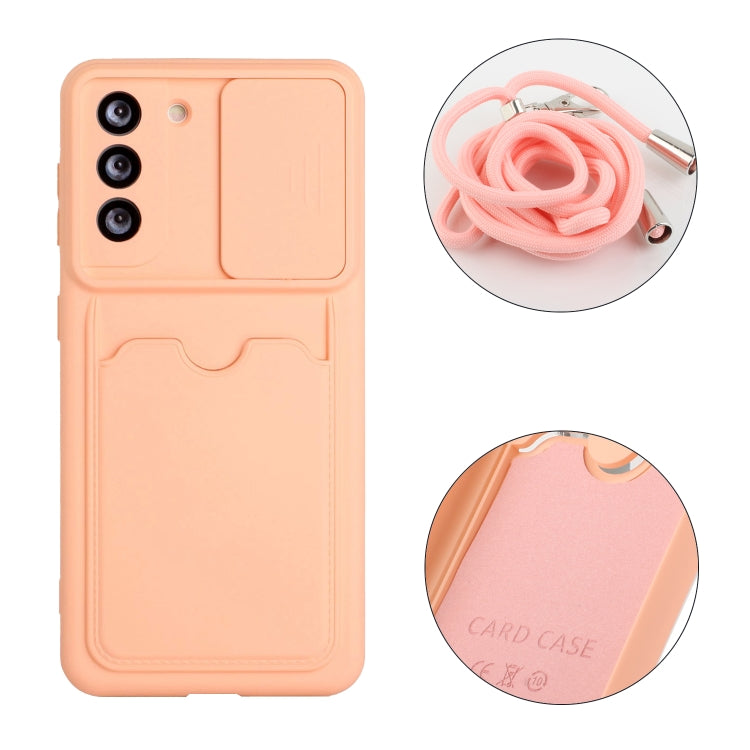 For Samsung Galaxy S21 5G Sliding Camera Cover Design TPU Protective Case with Card Slot & Neck Lanyard