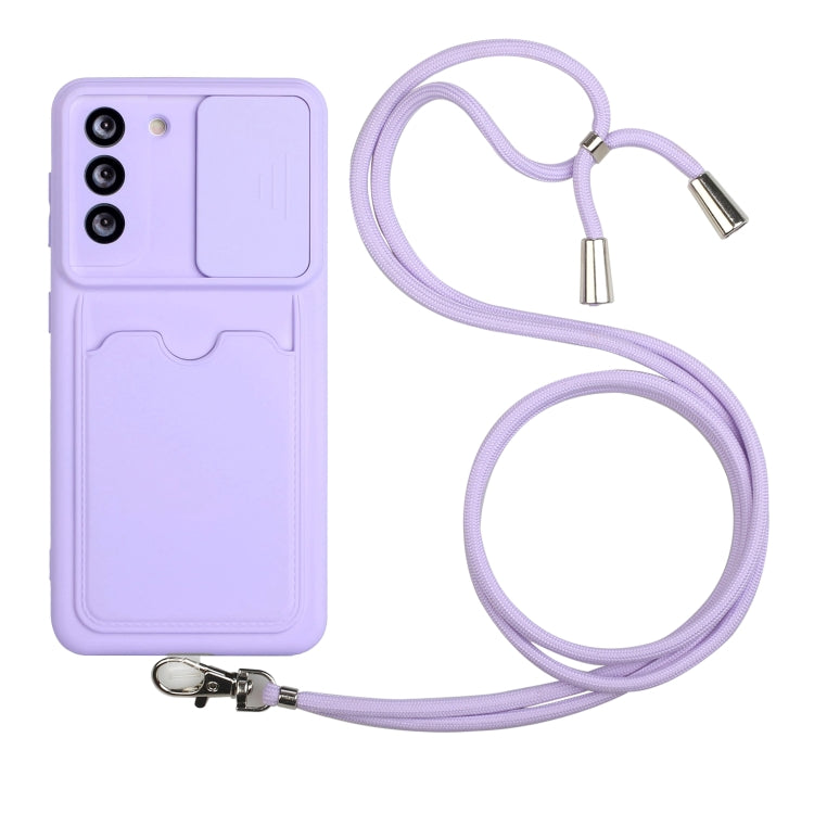 For Samsung Galaxy S21 5G Sliding Camera Cover Design TPU Protective Case with Card Slot & Neck Lanyard