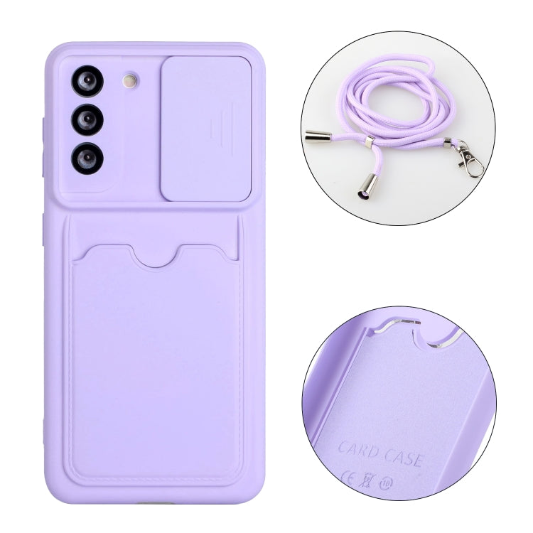 For Samsung Galaxy S21 5G Sliding Camera Cover Design TPU Protective Case with Card Slot & Neck Lanyard