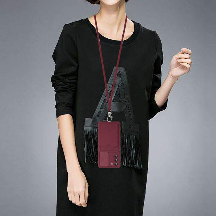 For Samsung Galaxy S21 5G Sliding Camera Cover Design TPU Protective Case with Card Slot & Neck Lanyard