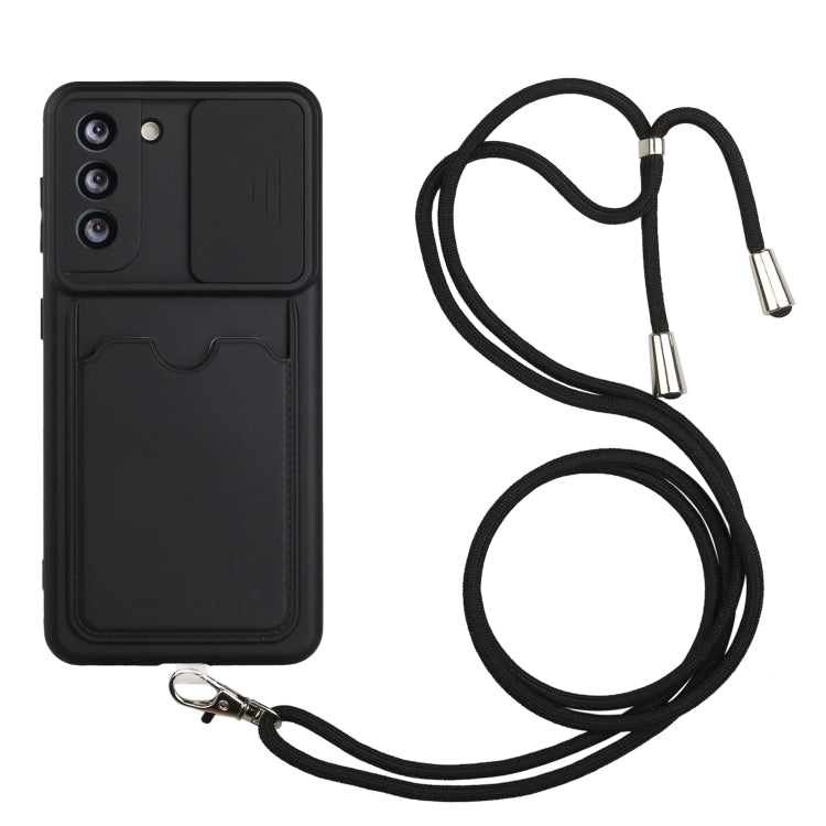 For Samsung Galaxy S21+ 5G Sliding Camera Cover Design TPU Protective Case with Card Slot & Neck Lanyard