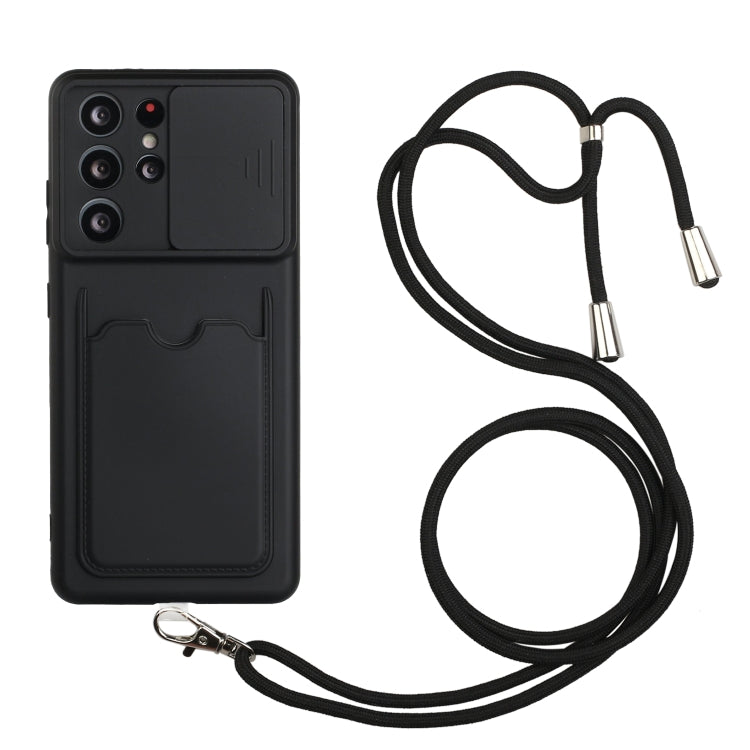 For Samsung Galaxy S21 Ultra 5G Sliding Camera Cover Design TPU Protective Case with Card Slot & Neck Lanyard