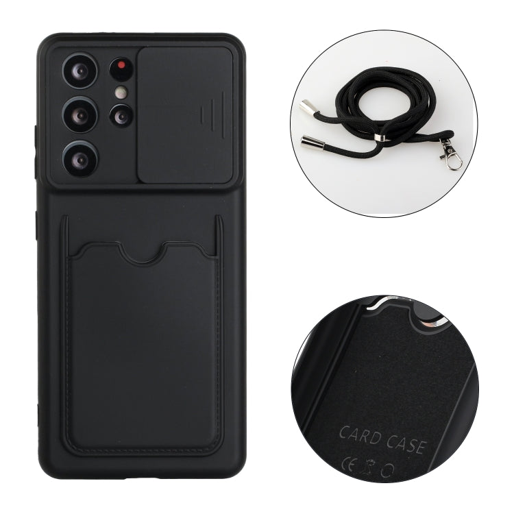 For Samsung Galaxy S21 Ultra 5G Sliding Camera Cover Design TPU Protective Case with Card Slot & Neck Lanyard