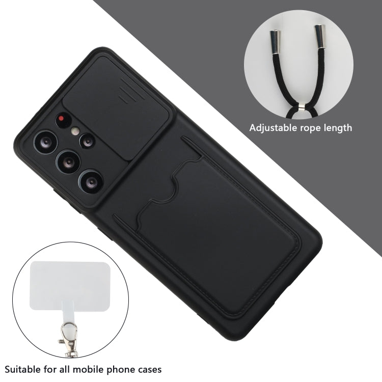 For Samsung Galaxy S21 Ultra 5G Sliding Camera Cover Design TPU Protective Case with Card Slot & Neck Lanyard