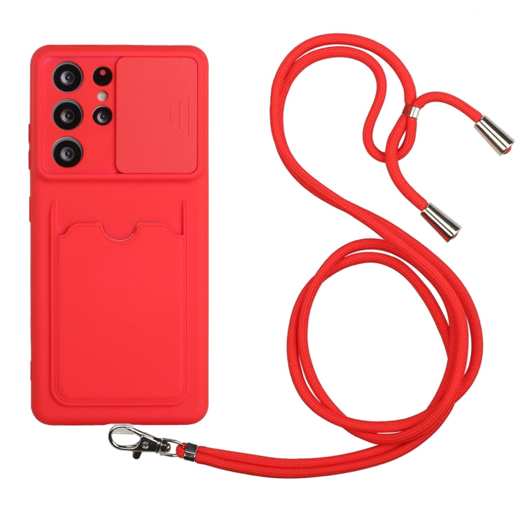 For Samsung Galaxy S21 Ultra 5G Sliding Camera Cover Design TPU Protective Case with Card Slot & Neck Lanyard
