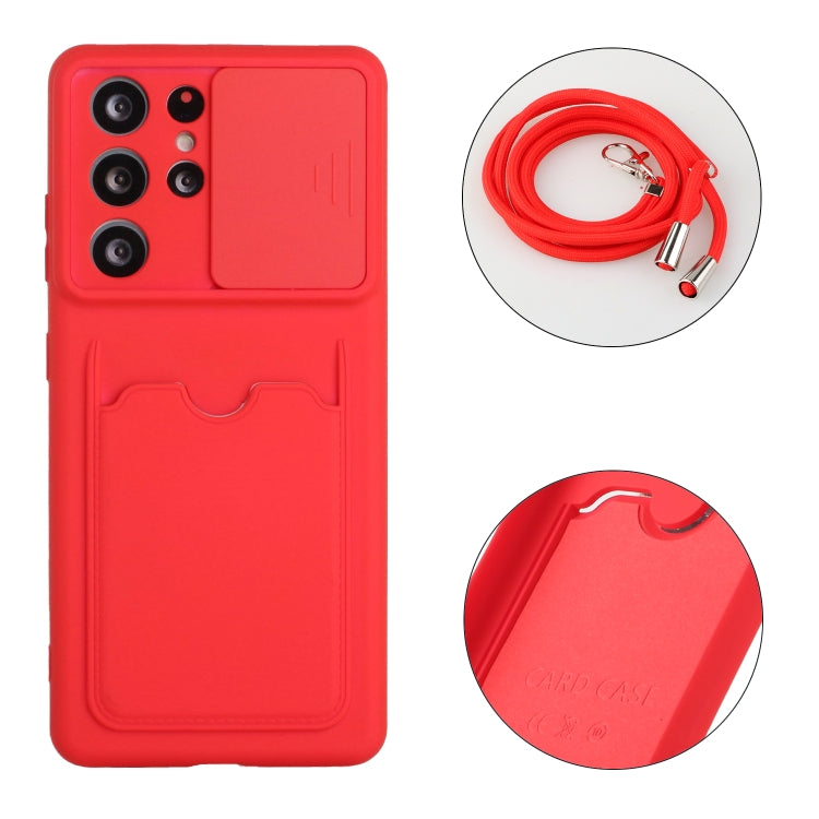 For Samsung Galaxy S21 Ultra 5G Sliding Camera Cover Design TPU Protective Case with Card Slot & Neck Lanyard