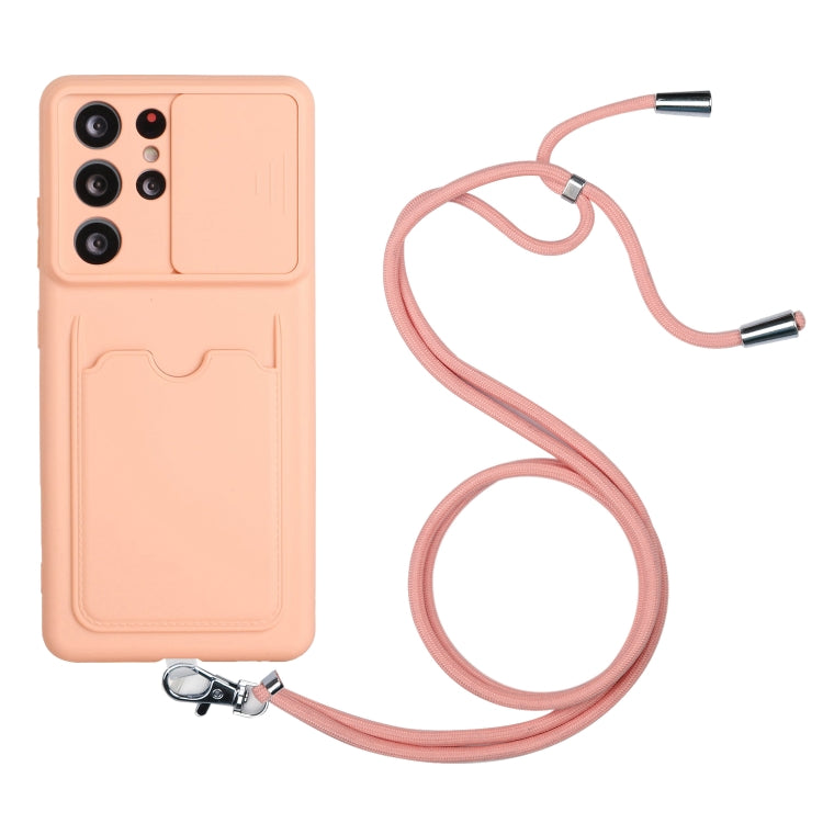 For Samsung Galaxy S21 Ultra 5G Sliding Camera Cover Design TPU Protective Case with Card Slot & Neck Lanyard