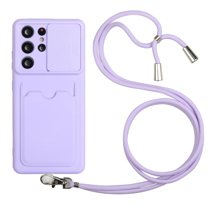 For Samsung Galaxy S21 Ultra 5G Sliding Camera Cover Design TPU Protective Case with Card Slot & Neck Lanyard