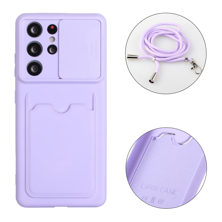 For Samsung Galaxy S21 Ultra 5G Sliding Camera Cover Design TPU Protective Case with Card Slot & Neck Lanyard