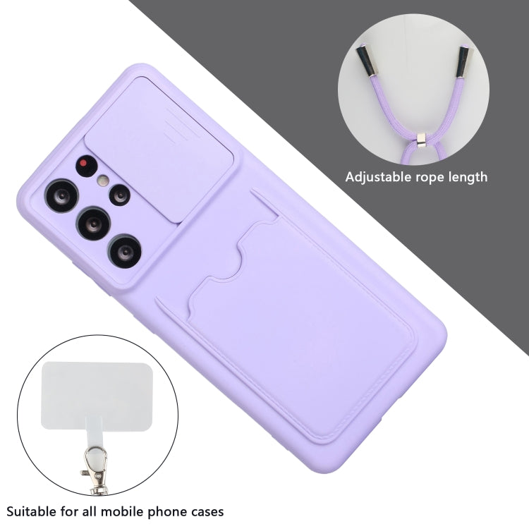 For Samsung Galaxy S21 Ultra 5G Sliding Camera Cover Design TPU Protective Case with Card Slot & Neck Lanyard