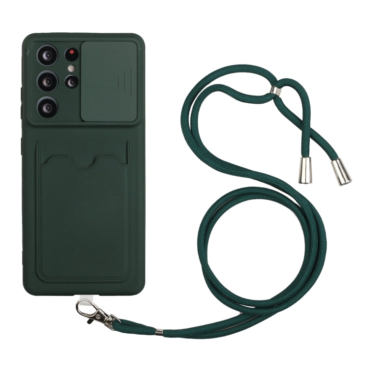 For Samsung Galaxy S21 Ultra 5G Sliding Camera Cover Design TPU Protective Case with Card Slot & Neck Lanyard