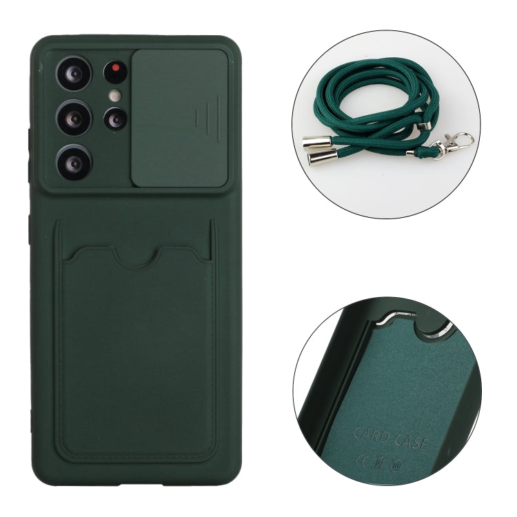 For Samsung Galaxy S21 Ultra 5G Sliding Camera Cover Design TPU Protective Case with Card Slot & Neck Lanyard