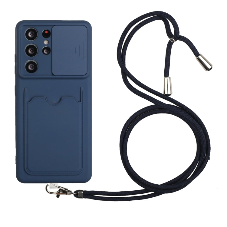 For Samsung Galaxy S21 Ultra 5G Sliding Camera Cover Design TPU Protective Case with Card Slot & Neck Lanyard