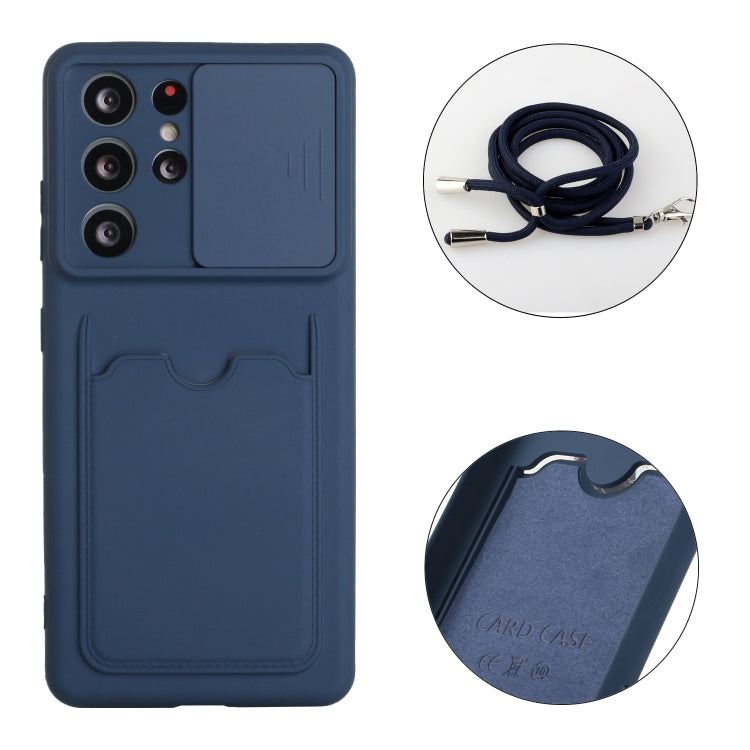 For Samsung Galaxy S21 Ultra 5G Sliding Camera Cover Design TPU Protective Case with Card Slot & Neck Lanyard