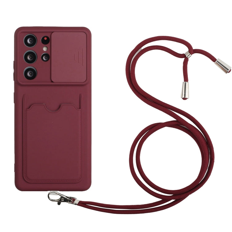 For Samsung Galaxy S21 Ultra 5G Sliding Camera Cover Design TPU Protective Case with Card Slot & Neck Lanyard