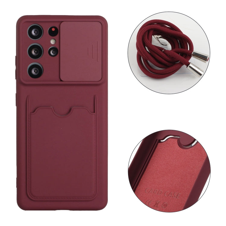 For Samsung Galaxy S21 Ultra 5G Sliding Camera Cover Design TPU Protective Case with Card Slot & Neck Lanyard