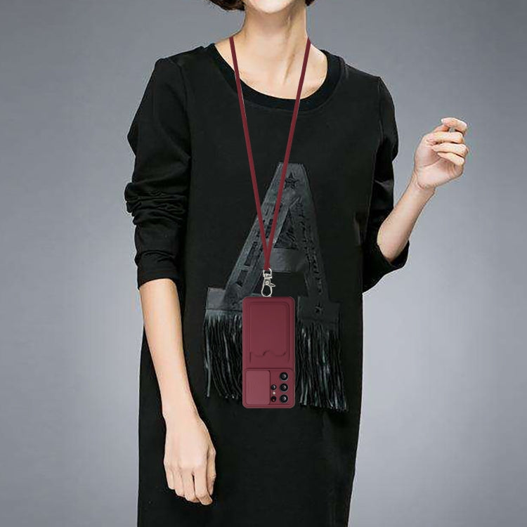 For Samsung Galaxy S21 Ultra 5G Sliding Camera Cover Design TPU Protective Case with Card Slot & Neck Lanyard