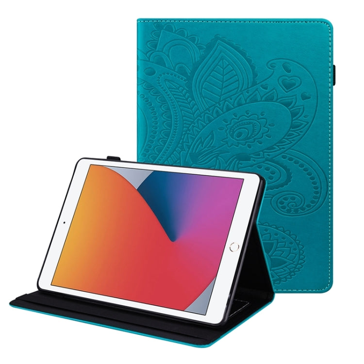 For iPad 10.2 2020 /2019 Peacock Tail Embossing Pattern Horizontal Flip Leather Case with Holder & Card Slots & Wallet & Anti Skid Strip & Wake-up / Sleep Function