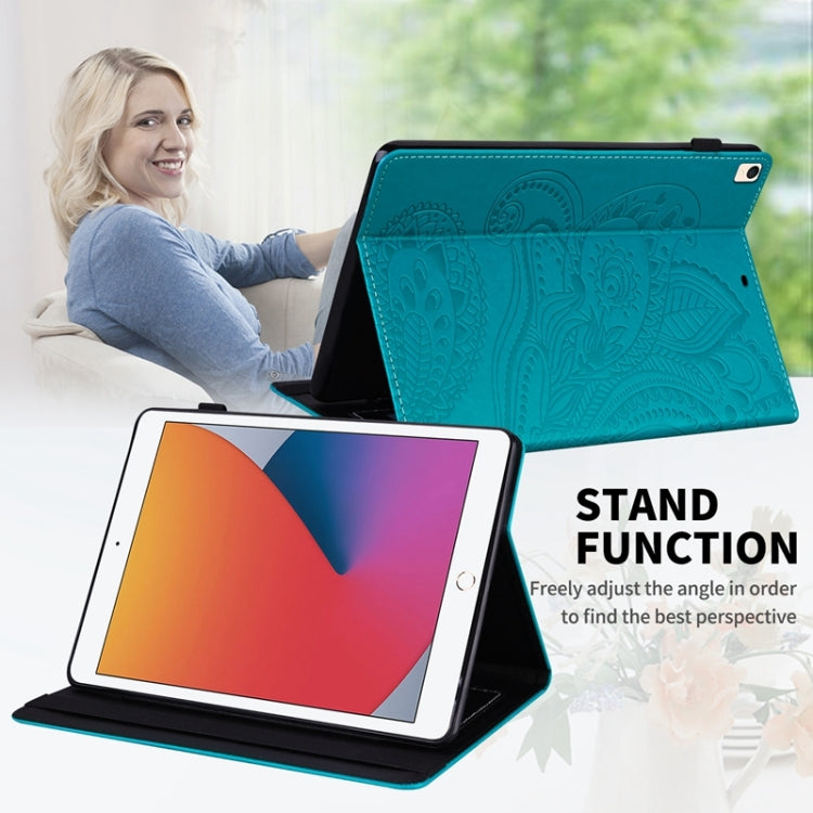 For iPad 10.2 2020 /2019 Peacock Tail Embossing Pattern Horizontal Flip Leather Case with Holder & Card Slots & Wallet & Anti Skid Strip & Wake-up / Sleep Function