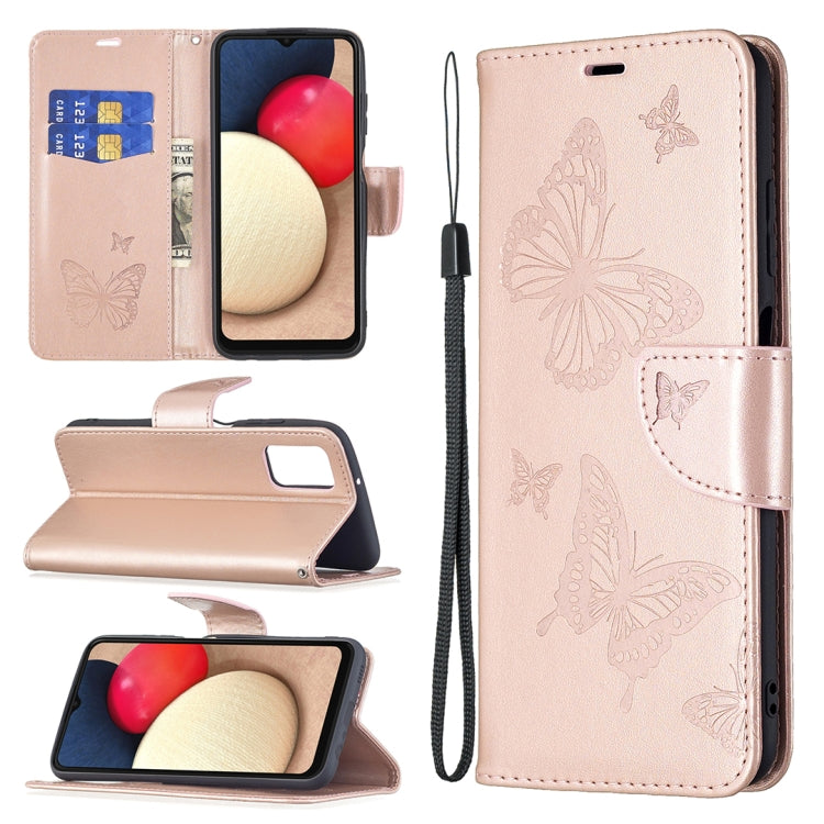 For Samsung Galaxy A03s 164mm Embossing Two Butterflies Pattern Horizontal Flip PU Leather Case with Holder & Card Slot & Wallet & Lanyard