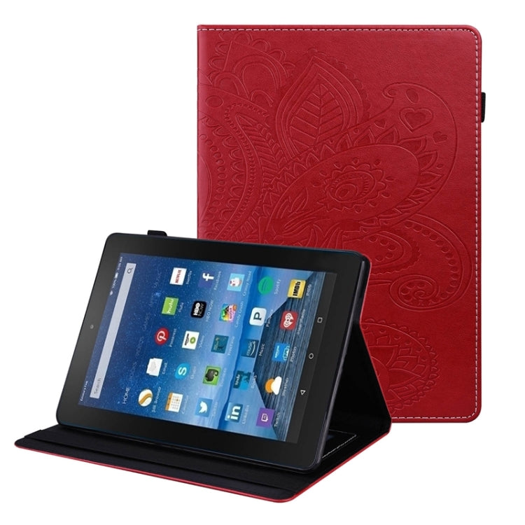 For Amazon Kindle Fire 7 2019/2017/2015 Peacock Tail Embossing Pattern Horizontal Flip Leather Case with Holder & Card Slots & Wallet & Anti Skid Strip