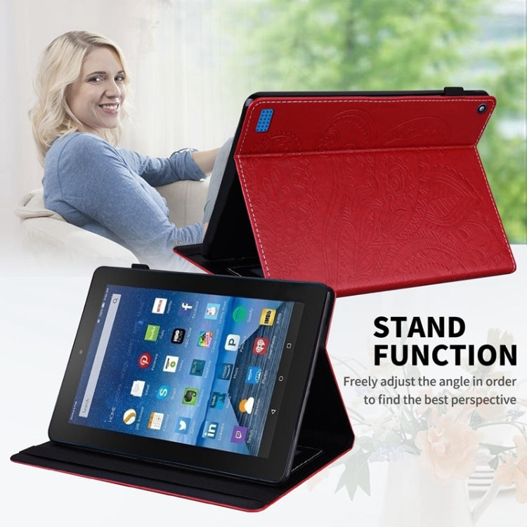 For Amazon Kindle Fire 7 2019/2017/2015 Peacock Tail Embossing Pattern Horizontal Flip Leather Case with Holder & Card Slots & Wallet & Anti Skid Strip