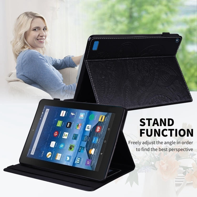 For Amazon Kindle Fire 7 2019/2017/2015 Peacock Tail Embossing Pattern Horizontal Flip Leather Case with Holder & Card Slots & Wallet & Anti Skid Strip