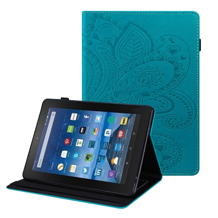 For Amazon Kindle Fire 7 2019/2017/2015 Peacock Tail Embossing Pattern Horizontal Flip Leather Case with Holder & Card Slots & Wallet & Anti Skid Strip