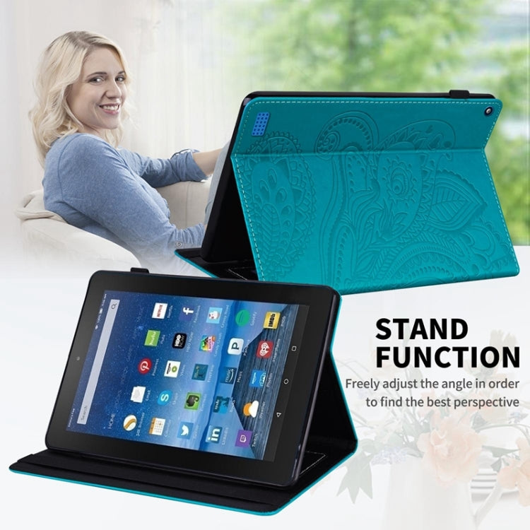For Amazon Kindle Fire 7 2019/2017/2015 Peacock Tail Embossing Pattern Horizontal Flip Leather Case with Holder & Card Slots & Wallet & Anti Skid Strip