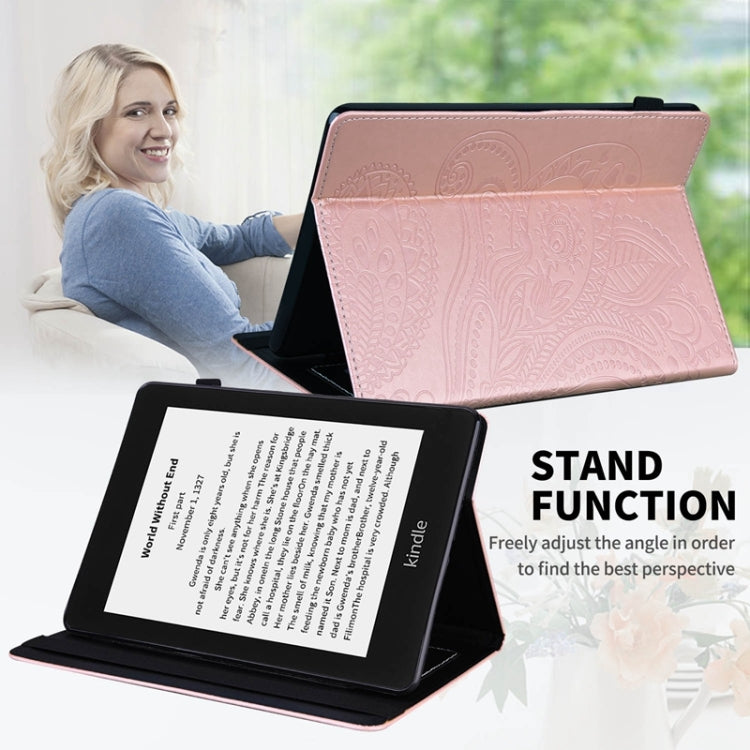 For Amazon Kindle Paperwhite 4/3/2/1 Peacock Tail Embossing Pattern Horizontal Flip Leather Case with Holder & Card Slots & Wallet & Anti Skid Strip