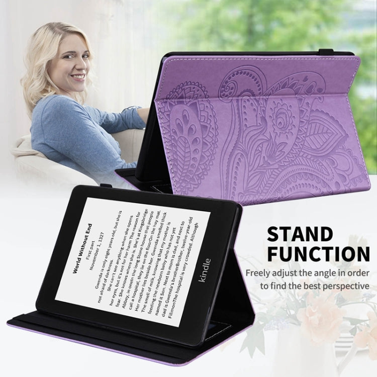 For Amazon Kindle Paperwhite 4/3/2/1 Peacock Tail Embossing Pattern Horizontal Flip Leather Case with Holder & Card Slots & Wallet & Anti Skid Strip