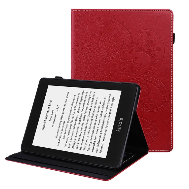 For Amazon Kindle Paperwhite 4/3/2/1 Peacock Tail Embossing Pattern Horizontal Flip Leather Case with Holder & Card Slots & Wallet & Anti Skid Strip