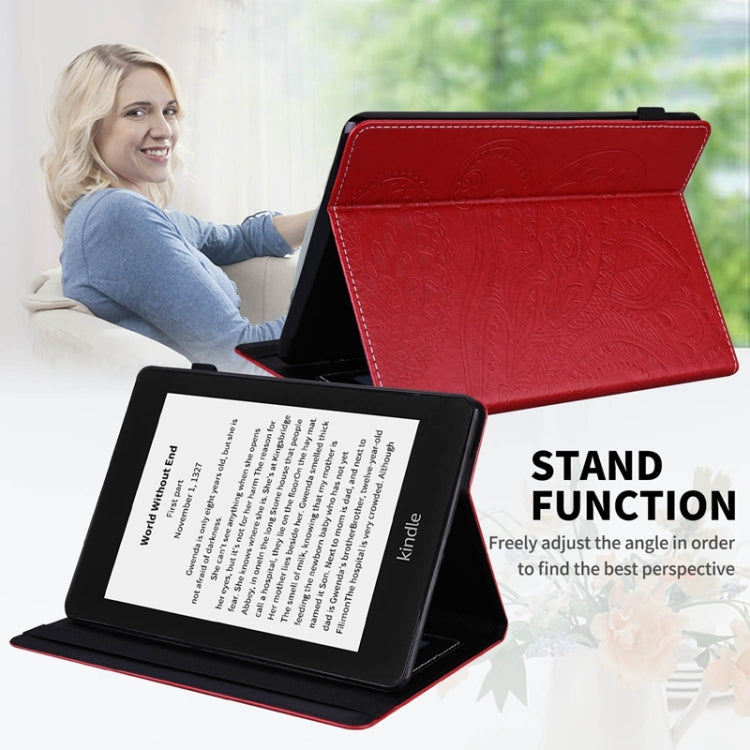 For Amazon Kindle Paperwhite 4/3/2/1 Peacock Tail Embossing Pattern Horizontal Flip Leather Case with Holder & Card Slots & Wallet & Anti Skid Strip