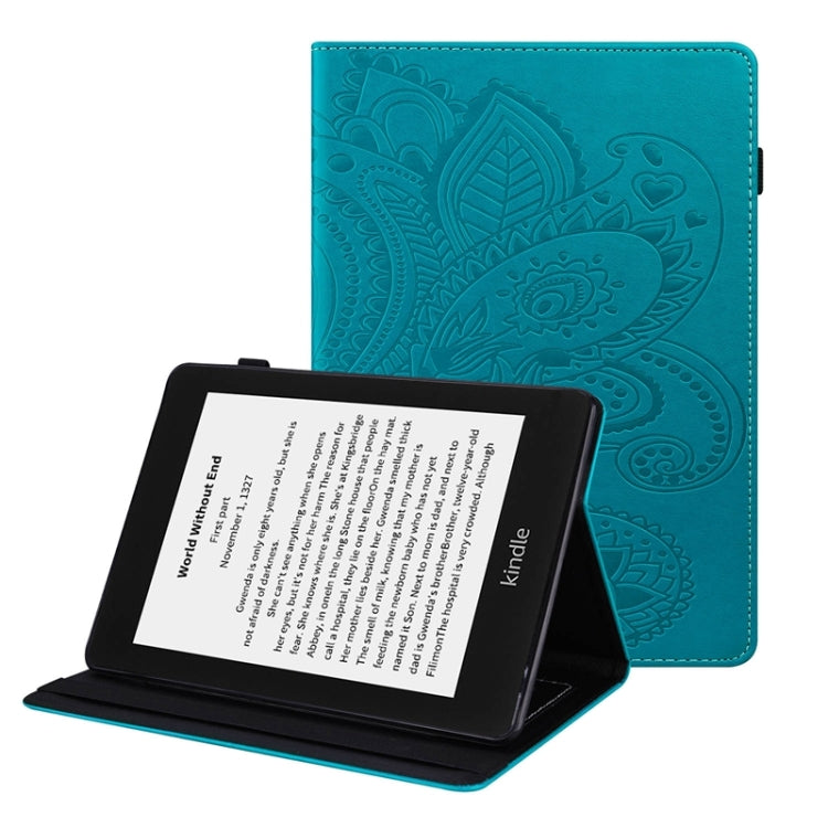 For Amazon Kindle Paperwhite 4/3/2/1 Peacock Tail Embossing Pattern Horizontal Flip Leather Case with Holder & Card Slots & Wallet & Anti Skid Strip