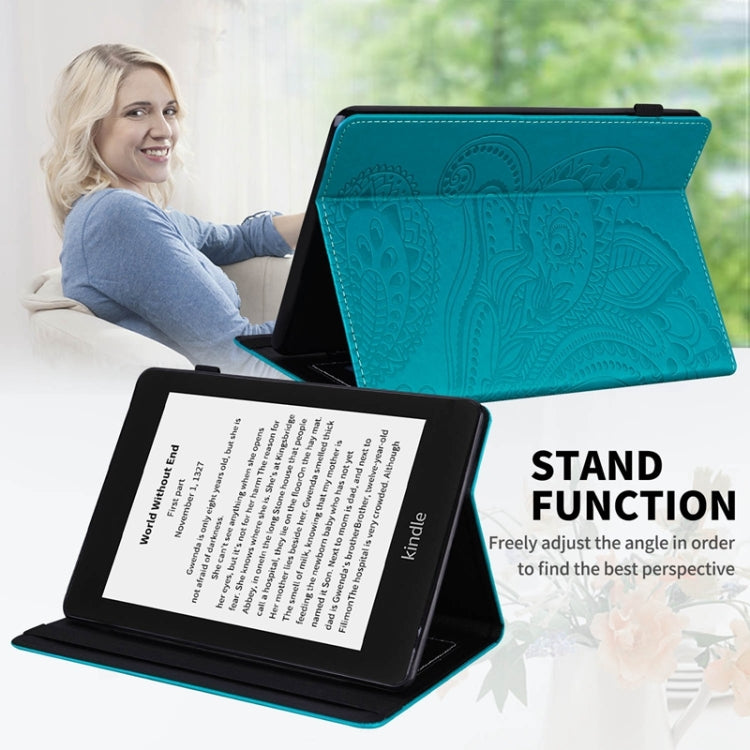 For Amazon Kindle Paperwhite 4/3/2/1 Peacock Tail Embossing Pattern Horizontal Flip Leather Case with Holder & Card Slots & Wallet & Anti Skid Strip