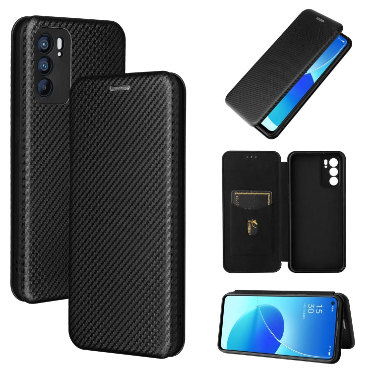 For OPPO Reno6 Carbon Fiber Texture Horizontal Flip TPU + PC + PU Leather Case with Card Slot
