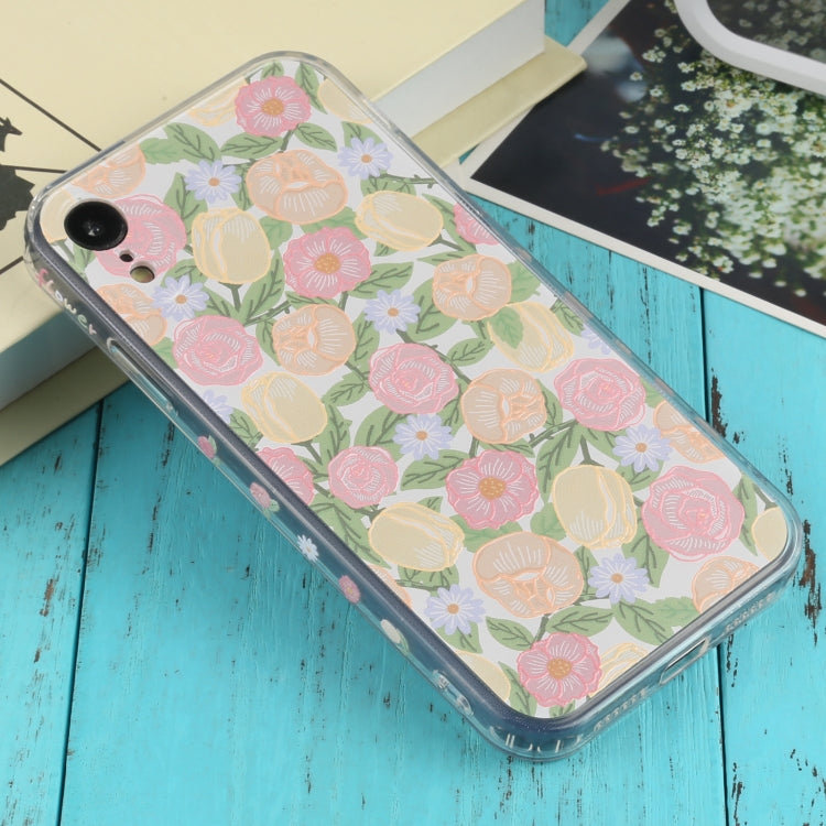 For iPhone XR TPU Embossed + Double-sided Painting Protective Case(Pink Rose)