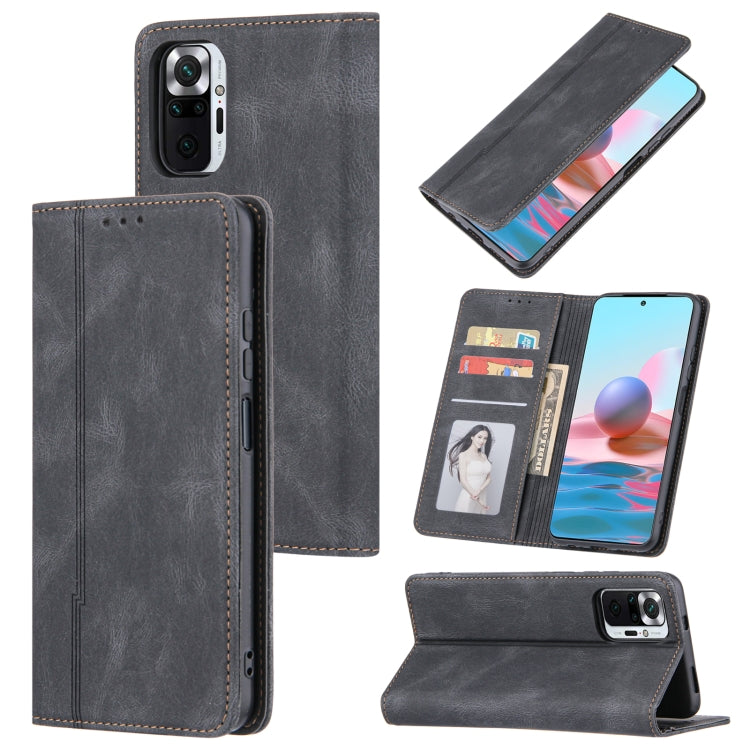 For Xiaomi Redmi Note 10 4G Skin Feel Pressure Line Magnetic Horizontal Flip Leather Case with Holder & Card Slot & Wallet & Photo Frame