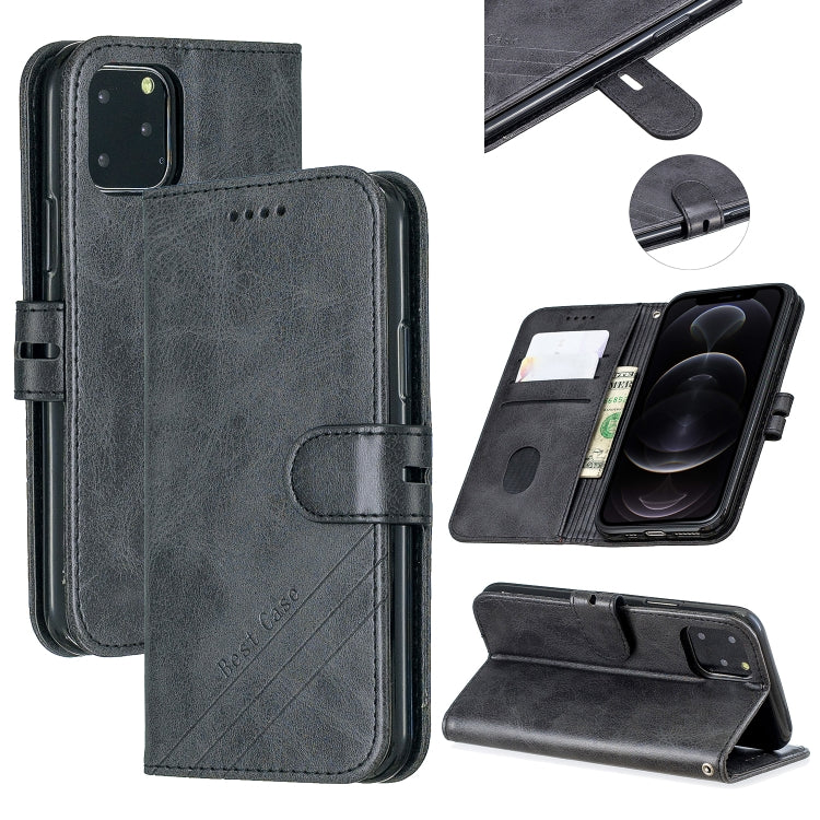 For iPhone 12 / 12 Pro Stitching Style 2-Color Cow Texture Horizontal Flip PU Leather Case with Holder & Card Slot & Lanyard