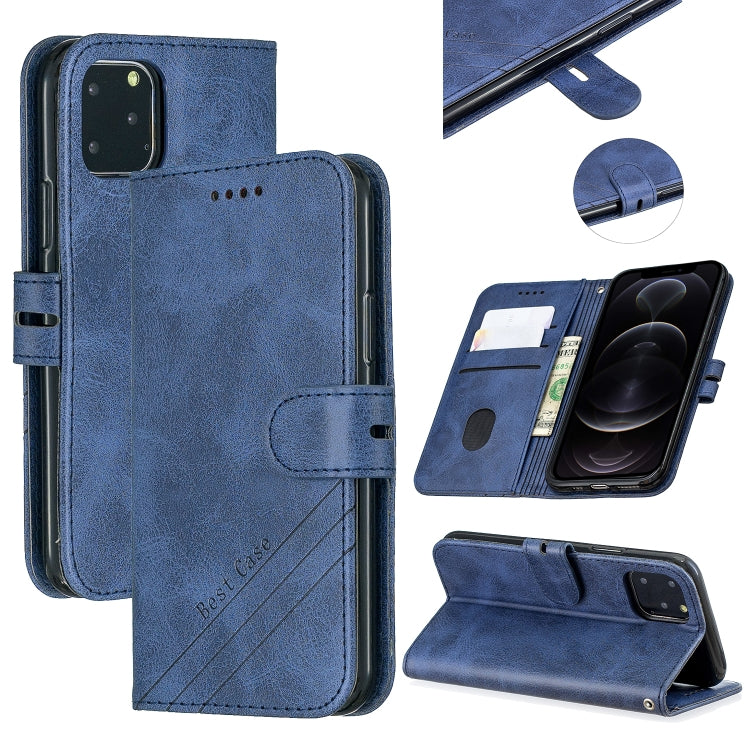 For iPhone 12 / 12 Pro Stitching Style 2-Color Cow Texture Horizontal Flip PU Leather Case with Holder & Card Slot & Lanyard