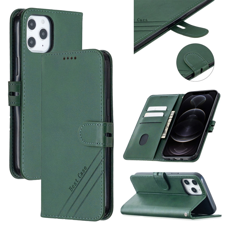 For iPhone 12 / 12 Pro Stitching Style 2-Color Cow Texture Horizontal Flip PU Leather Case with Holder & Card Slot & Lanyard