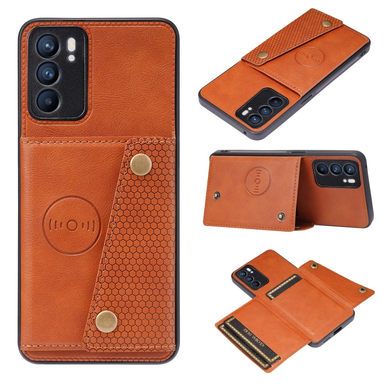For OPPO Reno6 Double Buckle PU + TPU Shockproof Magnetic Protective Case with Card Slot & Holder