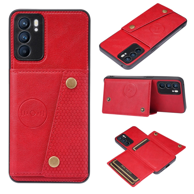 For OPPO Reno6 Double Buckle PU + TPU Shockproof Magnetic Protective Case with Card Slot & Holder