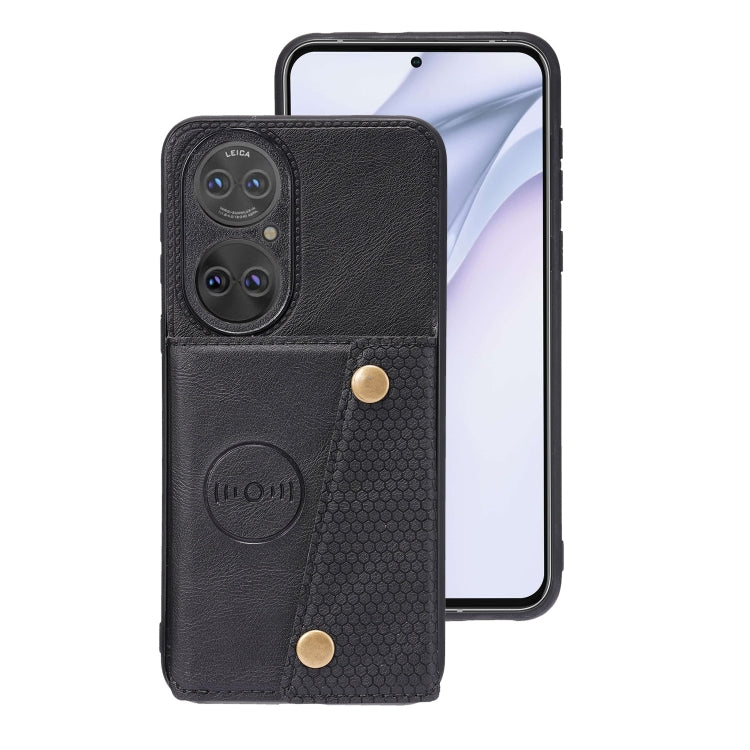 For Huawei P50 Double Buckle PU + TPU Shockproof Magnetic Protective Case with Card Slot & Holder